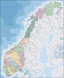  Magnetická mapa Nórska, administratívna, farebná