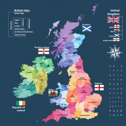  Magnetická mapa Veľkej Británie, administratívna, farebná