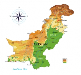  Magnetická mapa Pakistanu, geografická, reliéfna