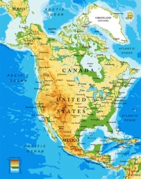  Magnetická mapa Severnej Ameriky, geografická, farebná