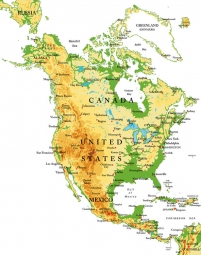  Magnetická mapa Severnej Ameriky, geografická, farebná
