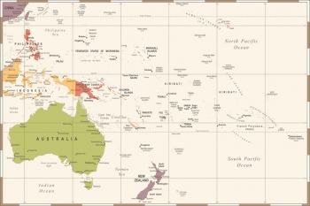  Magnetická mapa Austrálie a oceánie, ilustrovaná, farebná