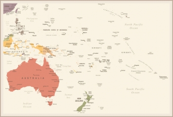 Magnetická mapa Austrálie a oceánie, vintage, farebná
