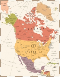  Magnetická mapa Severnej Ameriky, vintage, farebná