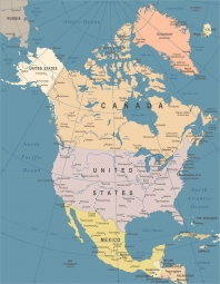  Magnetická mapa Severnej Ameriky, ilustrovaná, farebná