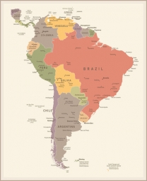  Magnetická mapa Južnej Ameriky, vintage, farebná