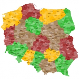  Magnetická mapa Poľska, administratívna, farebná